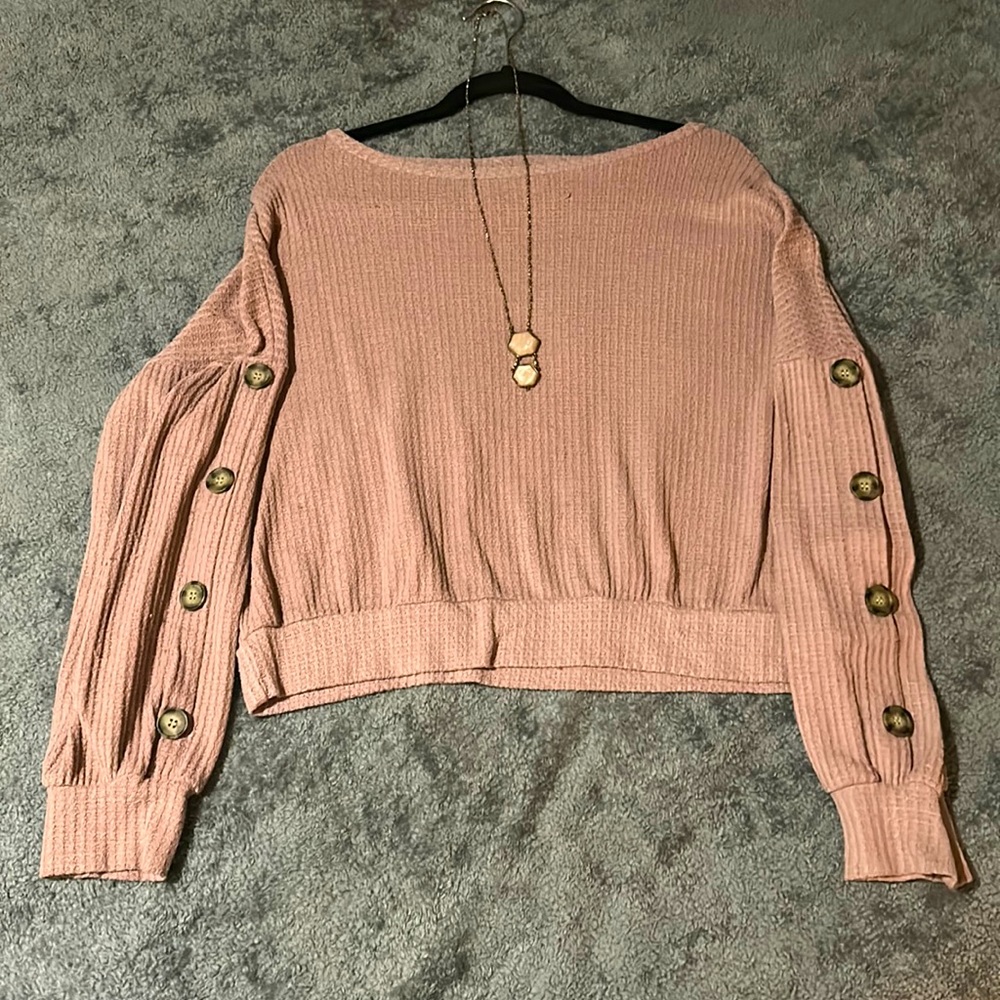 Soft dusty pink large crop button sweater.